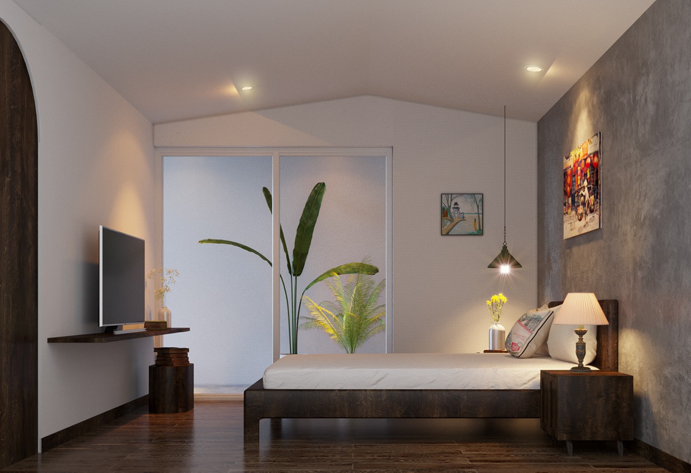 Hình ảnh phòng ngủ với giường gỗ, kệ tivi, cửa kính trượt, bên ngoài trồng cây xanh