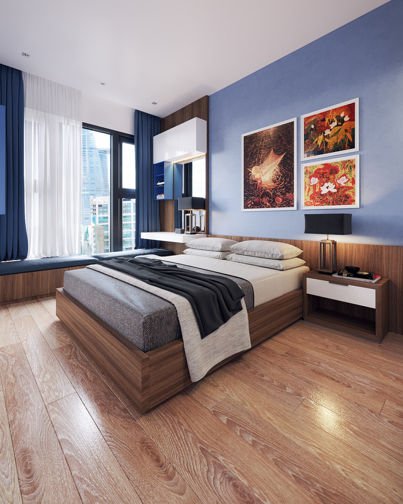 Hình ảnh toàn cảnh phòng ngủ với sàn lát gỗ, rèm cửa màu xanh dương, trắng, tranh đầu giường, bàn trang điểm