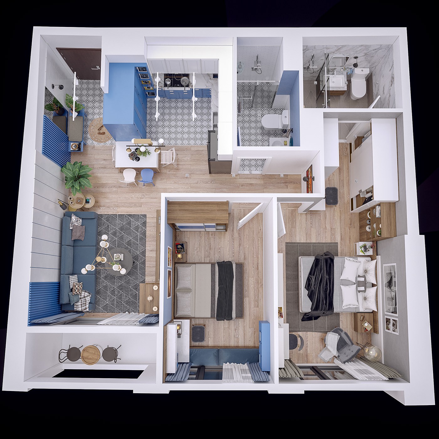 Hình ảnh toàn cảnh nội thất căn hộ hiện đại gồm hai phòng ngủ tiện nghi.