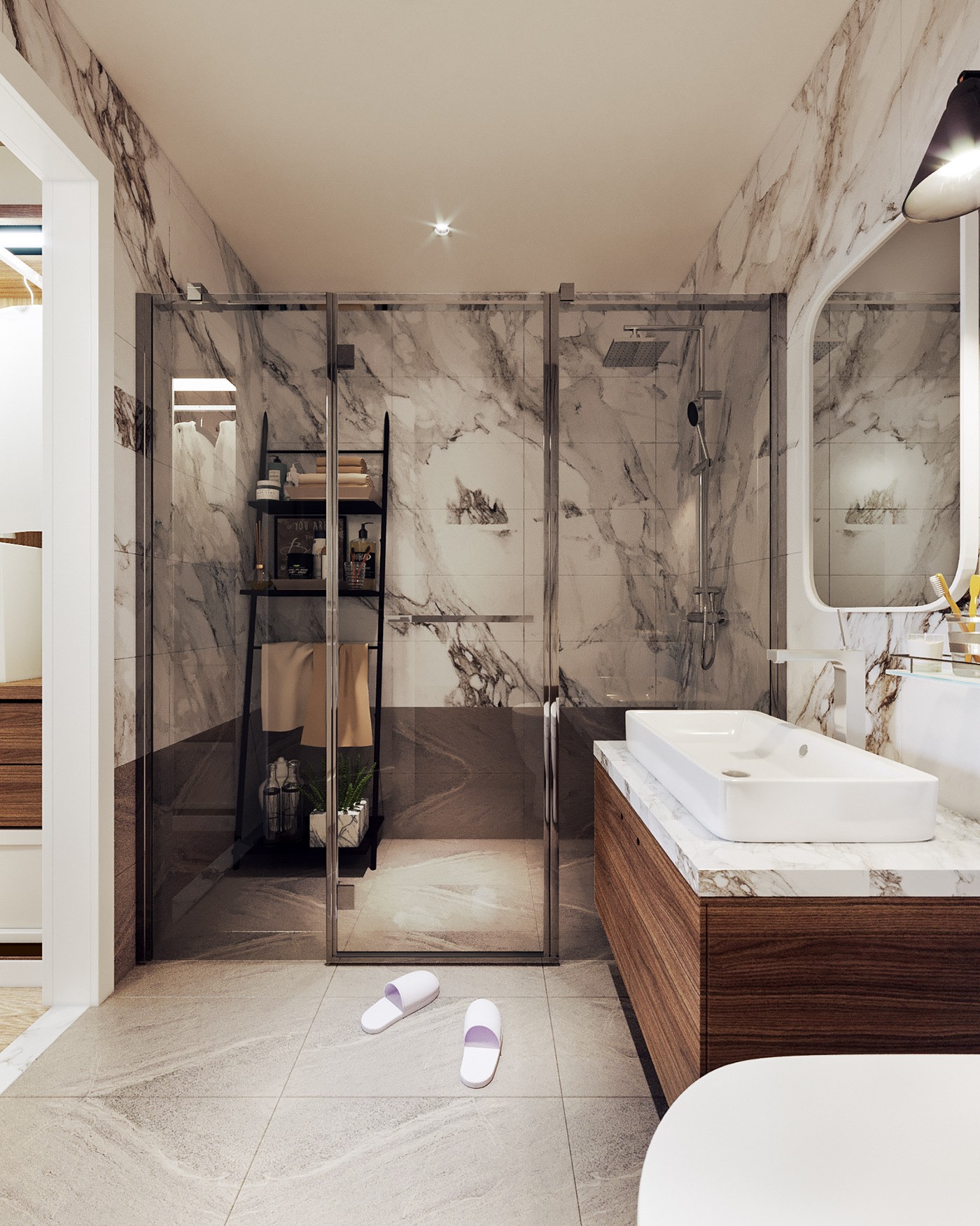 Hình ảnh phòng tắm hiện đại với tường, sàn ốp đá sang trọng, vách kính trong suốt