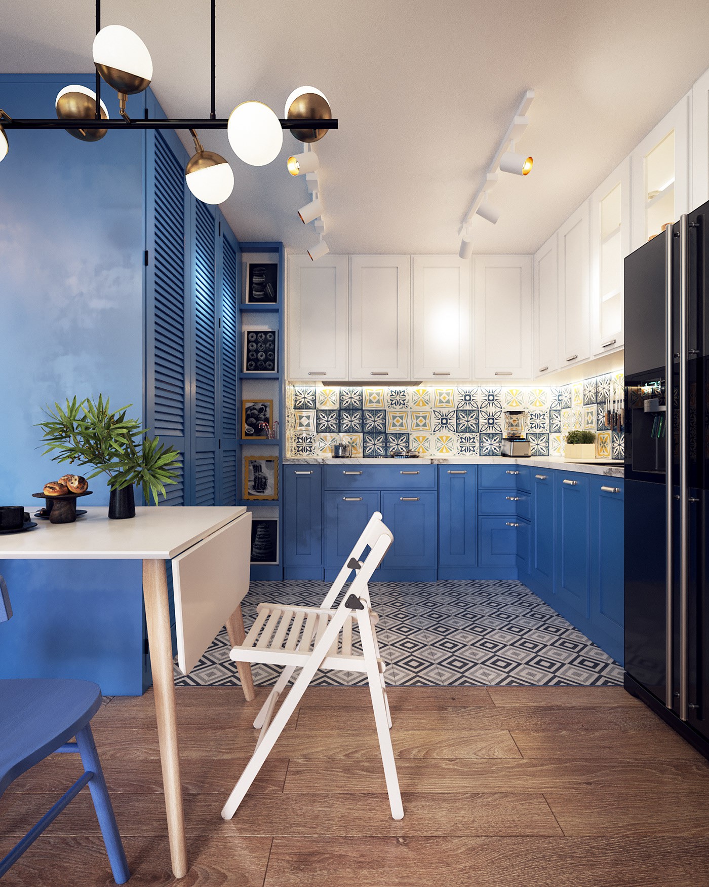 Hình ảnh toàn cảnh phòng bếp với tủ trắng, xanh dương, tường ốp gạch bông, bàn ăn dạng gấp, cây xanh