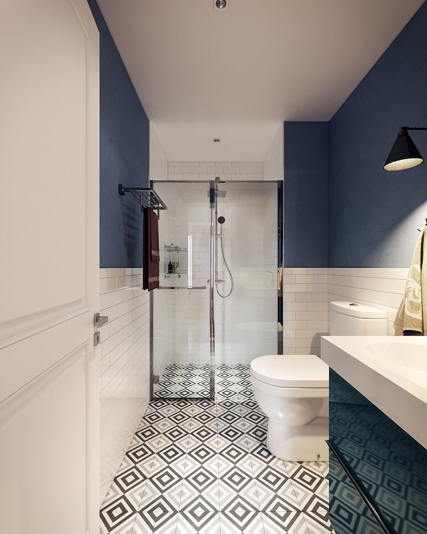 Hình ảnh phòng tắm vơi 2 màu xanh trắng chủ đạo, gạch bông lát sàn, vách tắm kính