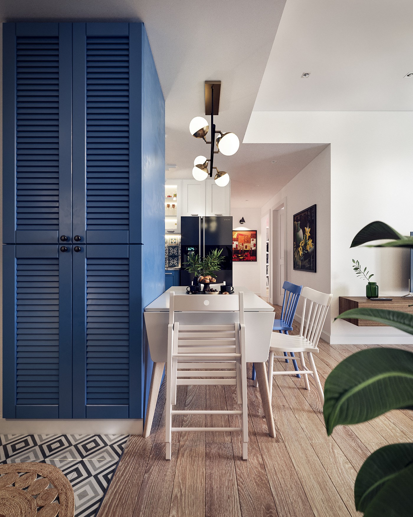 Hình ảnh một góc phòng bếp ăn với tủ lưu trữ kịch trần màu xanh dương, bàn ăn dạng gấp, đèn thả, cây xanh