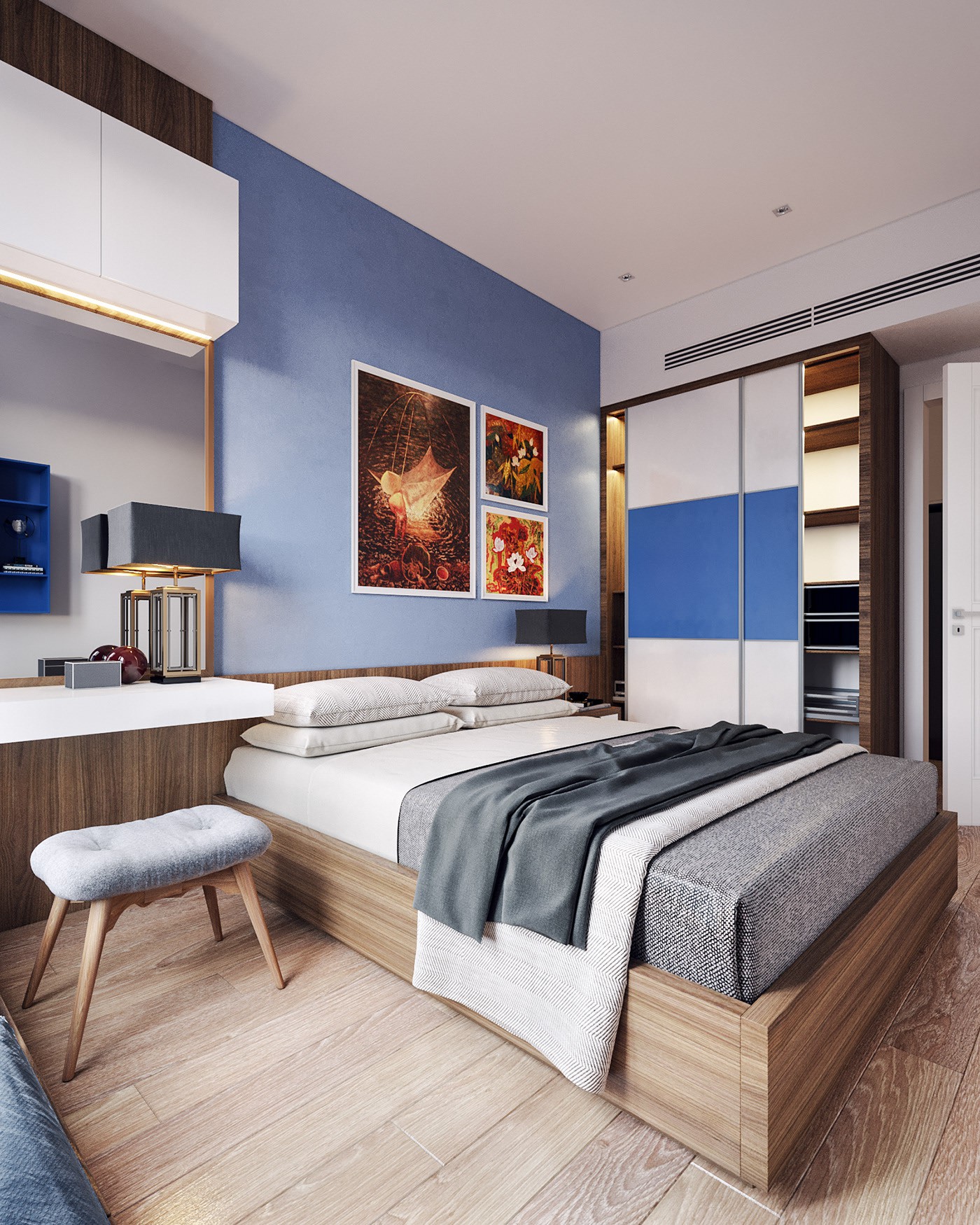 Hình ảnh phòng ngủ trong căn hộ 82m2 với tông xanh dương chủ đạo, trang trang trí đầu giường, bàn trang điểm, tủ quần áo