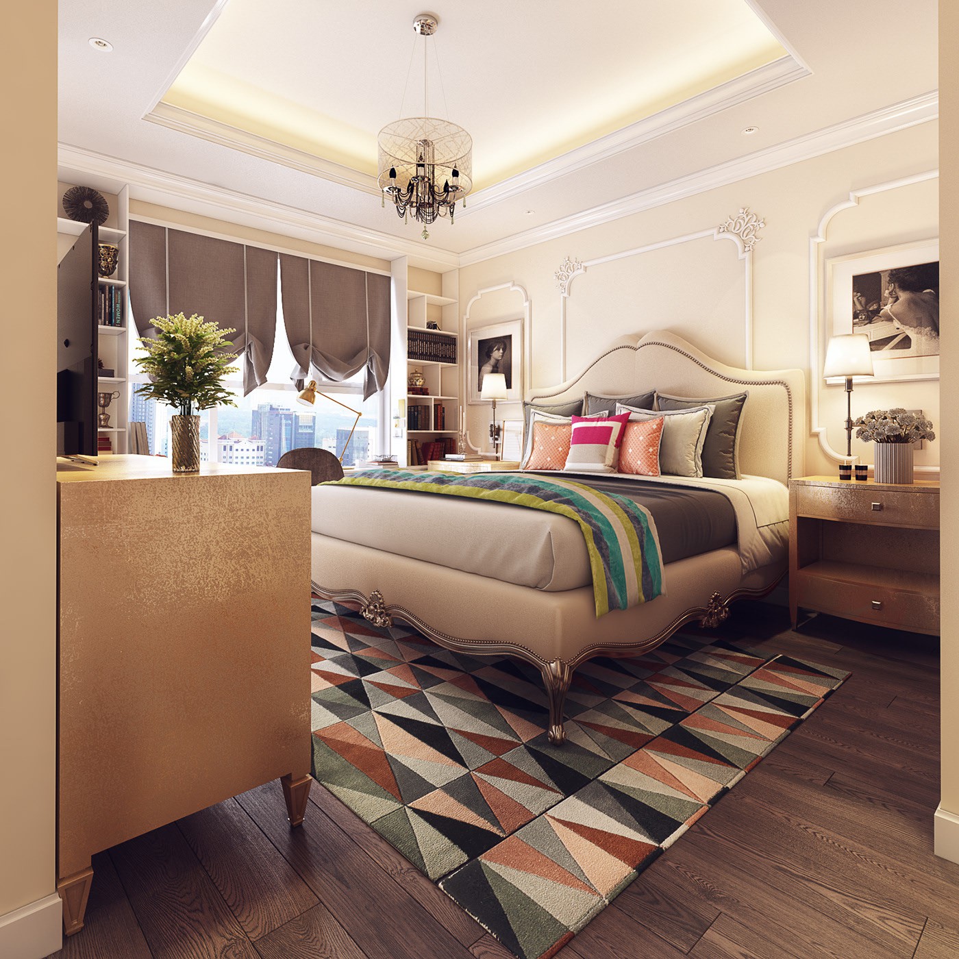 Hình ảnh phòng ngủ với giường cổ điển màu be đặt trên thảm trải màu sắc, đối diện giường là tủ kệ tivi, bàn trang điểm