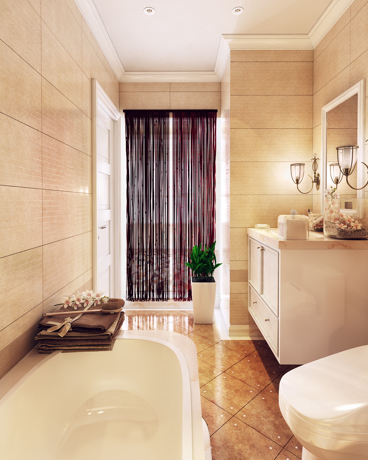 Hình ảnh phòng tắm trong căn hộ bán cổ điển với tường ốp đá màu be, bồn tắm nằm, đèn chùm trang trí