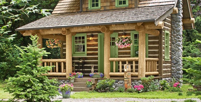 Hình ảnh toàn cảnh một ngôi nhà gỗ nhỏ xinh với khung cửa sổ kinh màu xanh lá, xung quanh là thảm cỏ, rừng cây xanh tốt