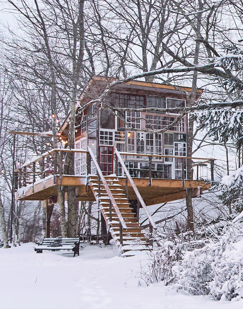 Hình ảnh toàn cảnh ngôi nhà trên cây rộng lớn với hệ cửa kính trong suốt, cửa ra vào màu đỏ, tuyết trắng bao quanh