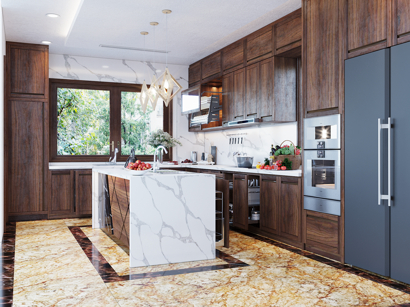 Hình ảnh phòng bếp với hệ tủ gỗ cao kịch trần, đảo bếp ốp đá cẩm thạch, sàn lát gạch màu vàng