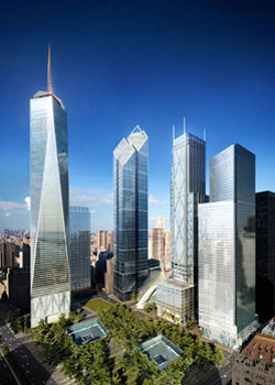 Phối cảnh công trình tháp Tự do và cụm 3 tháp mới trên nền WTC tại New York. Ảnh: