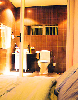 Phòng tắm được ưu tiên diện tích rộng với khung kính lớn.

