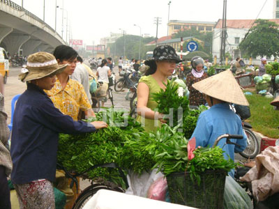 Dưới chân cầu vượt Mỹ Đình từ lâu rồi đã trở thành chợ buôn bán rau quả, thực phẩm vào sáng sớm.