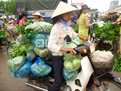 Dưới chân cầu vượt Mỹ Đình từ lâu rồi đã trở thành chợ buôn bán rau quả, thực phẩm vào sáng sớm.