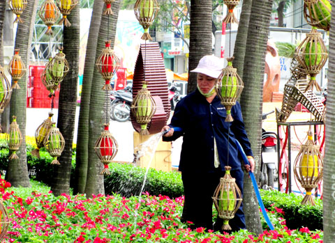 Nữ công nhân tưới nước chăm sóc để giữ độ tươi cho hoa trong những ngày đường hoa hoàn thành.