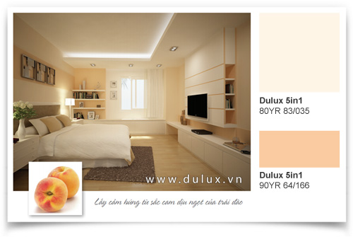 Màu hồng đào dịu nhẹ 90YR 64/166 mang lại cảm giác ngọt ngào, thư giãn cho phòng ngủ khi kết hợp với gam màu nhạt hơn 80YR 83/035.