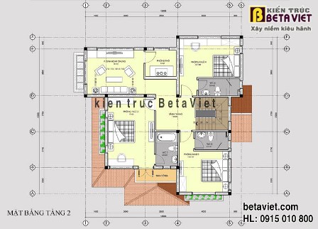 Mặt bằng tầng 2 nhà biệt thự 2 tầng trên đất 15x16m