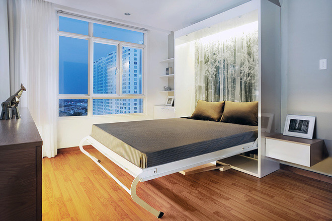 Phòng ngủ tiện nghi vào ban đêm được tạo ra từ phòng làm việc và thư giãn