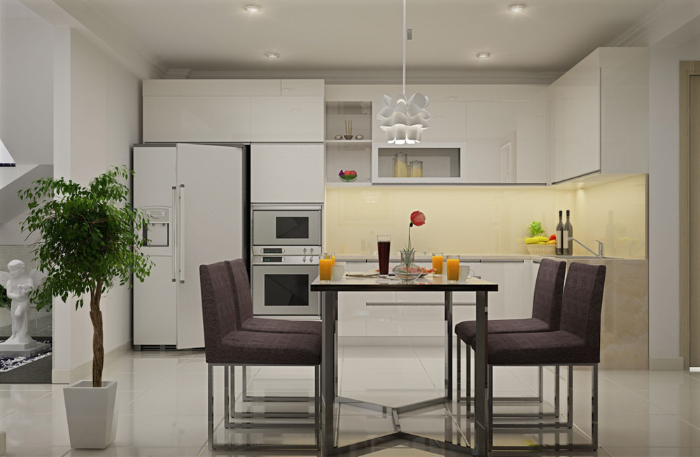Giữa khu bếp và phòng ăn được bố trí gọn gàng, sạch sẽ với không gian mở.