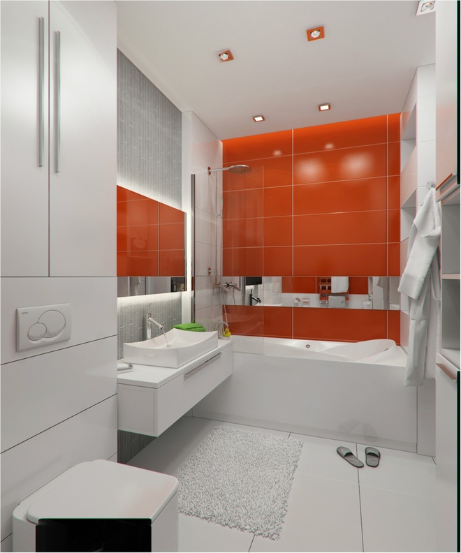 Phòng tắm cũng được ốp những mảng tường đỏ hiện đại.