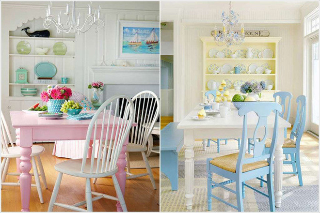 Chiếc bàn sử dụng gam màu pastel giúp không gian thêm tươi vui, yêu đời.