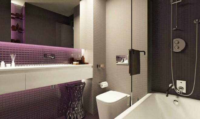 Phòng tắm ngọt ngào, nữ tính với gam màu tím.