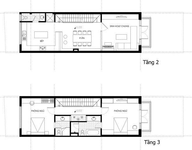 Sơ đồ thiết kế tầng 2 và 3 của ngôi nhà.