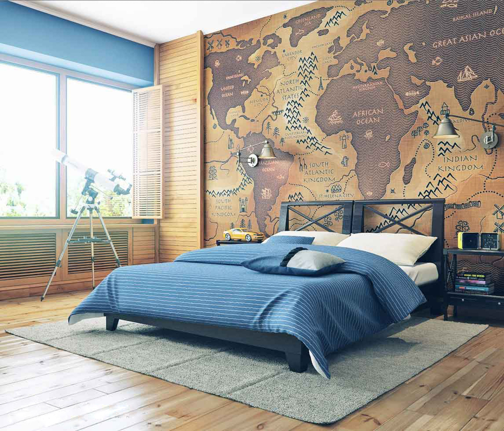 Phòng ngủ của con trai với tấm bản đồ độc đáo.