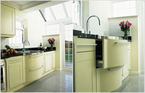 Tủ bếp uốn cong cách điệu mở rộng diện tích cất đồ, chậu rửa.