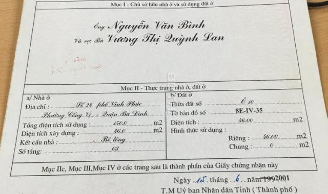 CC bán nhà mặt phố Vĩnh Phúc, Ba Đình 48m2, 3 tầng, 1 tum, đang cho thuê 12 tr/Th, 0982724888