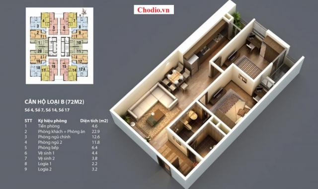 Bán căn hộ chung cư 75.5 m2, 2 phòng ngủ, 2 wc, khách liền bếp, dự án The Pride, Hà Đông, Hà Nội