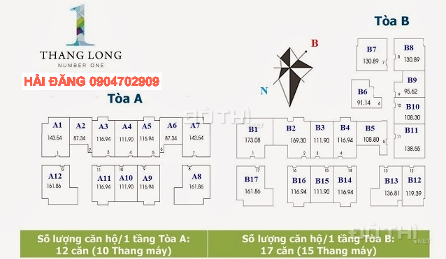 Bán CHCC Thăng Long Number One: 138m2 - Tòa B (mới 100% - Siêu rẻ 33,5tr/m2)