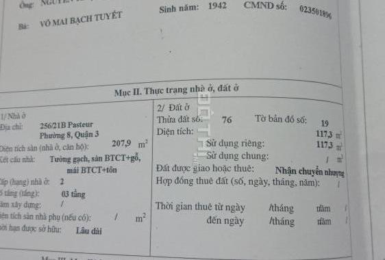 Can bán gấp nhà hẻm Pasteur, diện tích đất 117.3m2, hướng Đông Nam, MT 4m, nở hậu 5,9m, dài 26m