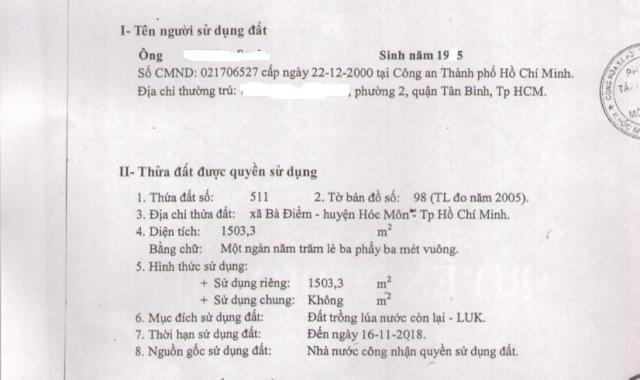 Bán đất mặt tiền đường Bùi Văn Thủ, ấp Tiền Lân, xã Bà Điểm, Hóc Môn, lô đất lúa 1503m2