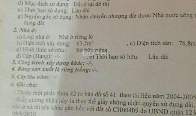 Nhà SH riêng, chính chủ Nguyễn Ảnh Thủ, Q12, DT 64m2 cần bán(có thương lương)