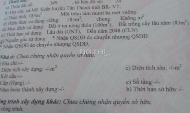 Bán đất tại Việt Kiều, Phú Mỹ, Bà Rịa Vũng Tàu, 5x36m có 100m2 thổ cư giá 310tr