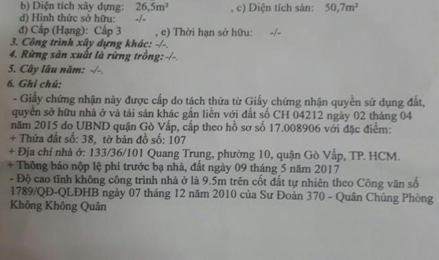 Bán nhà hẻm số 133/36/101 đường Quang Trung, phường 10, quận Gò Vấp
