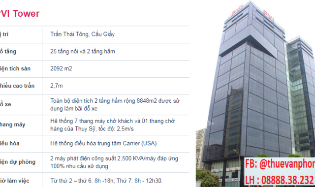 Cho thuê văn phòng hạng A tòa nhà PVI Trần Thái Tông, Yên Hoà, Cầu Giấy 0888838232