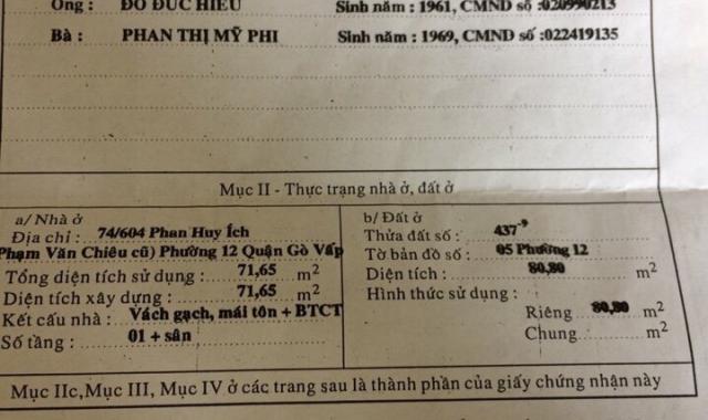 Bán nhà hẻm Phan Huy Ích, Phường 12, Quận Gò Vấp, 8 x 12m, cấp 4, giá 4,3 tỷ