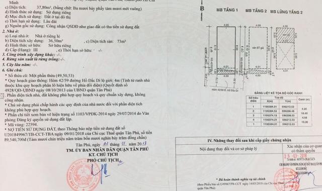 Bán nhà 42/59/ Hồ Đắc Di, Tây Thạnh, Tân Phú, DT: 4x10,3m 1 lầu kiên cố nhà nở hậu 4.05m, 3.7 tỷ TL
