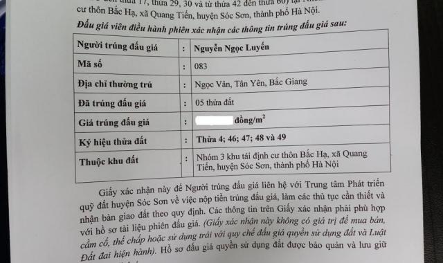 Chính chủ còn 2 lô đất đấu giá Sóc Sơn gần sân bay Nội Bài, giá 6,8 triệu/m