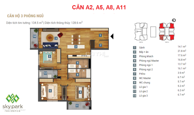 Căn 3 phòng ngủ tiêu chuẩn 5 sao dự án Sky Park Residence, ưu đãi lớn từ CĐT