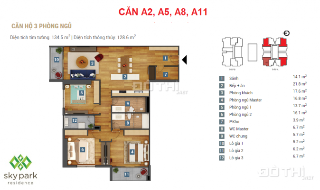 Chuyên bán căn hộ 3 PN (128.6 m2) Sky Park Residence, phòng kinh doanh của CĐT - LH: 0386822825