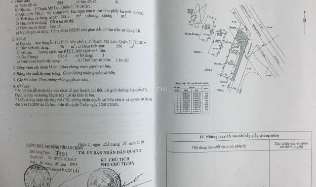 Bán nhà đất 2MT Nguyễn Thị Định Phường, Thạnh Mỹ Lợi, (289m2) biệt thự, 33 tỷ. LH: 0906997966