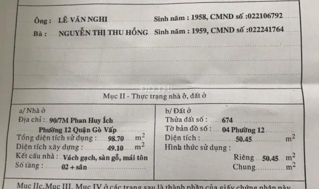 Nhà chính chủ cần bán gấp, 256 Phan Huy Ích, P. 12, Gò Vấp dt 4x16m