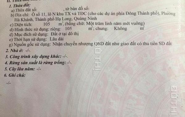 Bán lô N-11 KĐT Thành Thắng, Hạ Long. DT: 105m2, MT: 5m, hướng TB