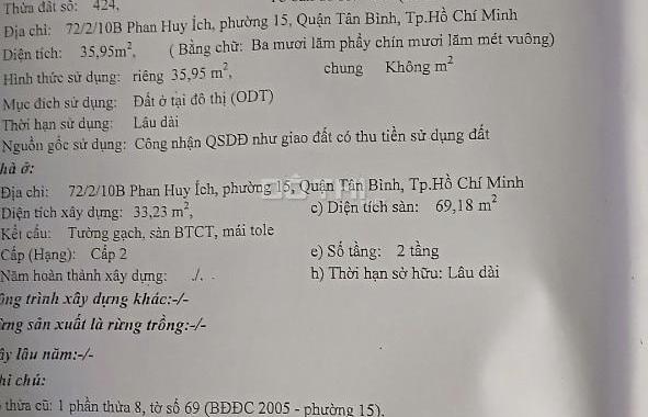 Bán nhà 72/2/10B Phan Huy Ích, P. 15, Q. Tân Bình, TP. HCM. Hướng Tây Bắc