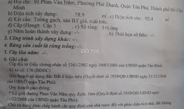 Bán nhà MT Phan Văn Năm, P. Phú Thạnh, Q. Tân Phú, DT 4,1x15,6m 1 lầu, LH 0368126168