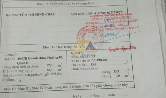 Chính chủ bán nhà 67.8m2, 2 mặt hẻm 39/67B Chánh Hưng, P10, quận 8, TP HCM, chỉ 3 tỷ TL