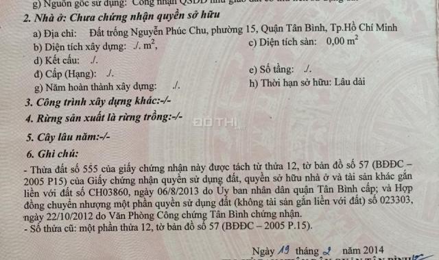 Chính chủ cần bán lô đất hẻm 207 Nguyễn Phúc Chu, P15, Q. Tân Bình