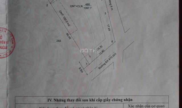 Cần bán lô góc 2 mặt tiền đường DX610, gần ngã tư Thùng Thơ, DT 1098m2, giá 5 tr/m2, LH: 0908913611